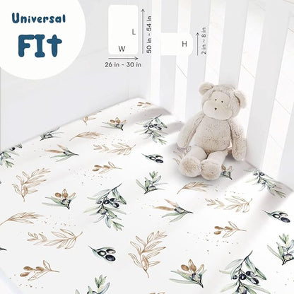 GRSSDER Stretchy Ultra Soft Jersey Knit Fitted Crib Sheets Set 2 Pack, Fits All Standard Crib Mattress Pads Safe and Snug, Stylish Botanical Olive for Baby