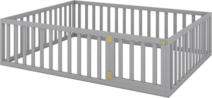Queen Size Floor Bed with Fence, Solid Wood Floor Bed Frame for Kids with Door, Twin Platform Bed for Boys and Girls Kids Teens, Fun Design, for Children Bedroom