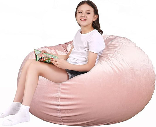 Lukeight Stuffed Animal Storage Bean Bag Chair Cover for Kids, Zipper Beanbag Chair Cover for Organizing Toddler & Kids' Rooms Plush Toys (Pink Velvet, Large)
