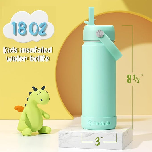 Fimibuke Kids Insulated Water Bottle - 18oz BPA-FREE 18/8 Stainless Steel Kids Cup with Straw Travel Tumbler Leak Proof Double Wall Vacuum Toddler Water Bottle for School Boys Girls（2 Pack, Macaron）