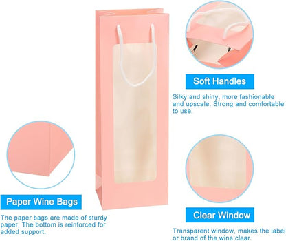 uxcell Wine Bags, 20pcs 4.92"x3.35"x14.2" Wine Gift Bags with Rope Handles, Paper Wine Tote Bag with Clear Window for Wedding Birthday Christmas Party Supplies, Pink