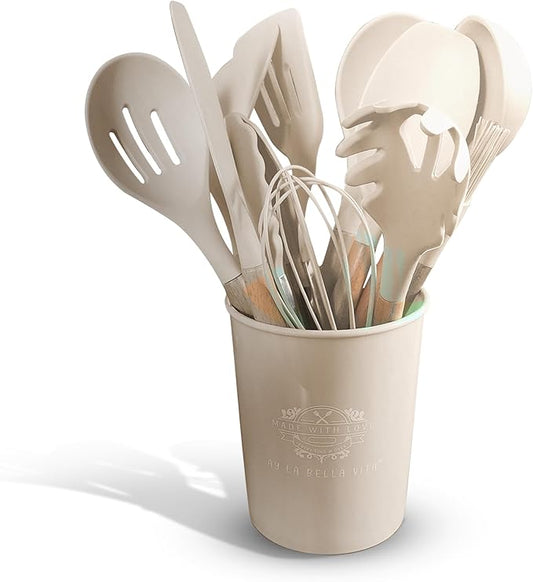 Silicone Utensil Set, 12 PCS Wooden Handle Nontoxic BPA Free 100% Food Grade Silicone Spoon Spatula Ladle Turner Tongs Kitchen Gadgets Utensil Set for Nonstick Cookware (Khaki)