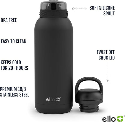 Ello Cooper 40oz Stainless Steel Water Bottle with 2 Lids Chug and Straw | Leak Proof | Double Walled and Vacuum Insulated | Built in Carry Loop | Dishwasher Safe | Bubblegum Pink