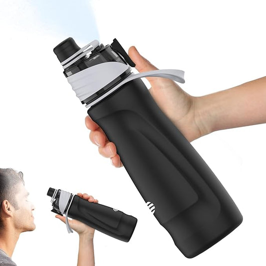Misting Water Bottle, 24oz Insulated Water Bottle, 2-in-1 Mist & Sip Stainless Steel Water Bottles, Thermo for Hot Drinks/Cold Drinks, Sports Water Bottle for Hiking, Running, Gym, Iron Black