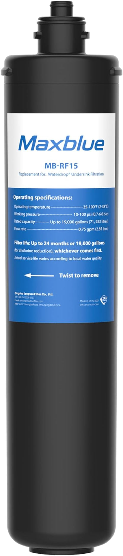 Maxblue RF15 Water Filter, 19K Gallons High Capacity, Replacement for Waterdrop 15UA/15UB Under Sink Water Filtration System