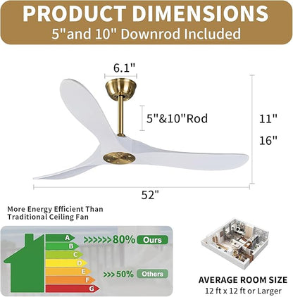 Bigzone 52" Outdoor/Indoor Ceiling Fan With Remote Control, DC Motor Quiet Energy Saving,3 White Balsa Wood Blades,Wooden Ceiling Fan no light With Reversible Blades