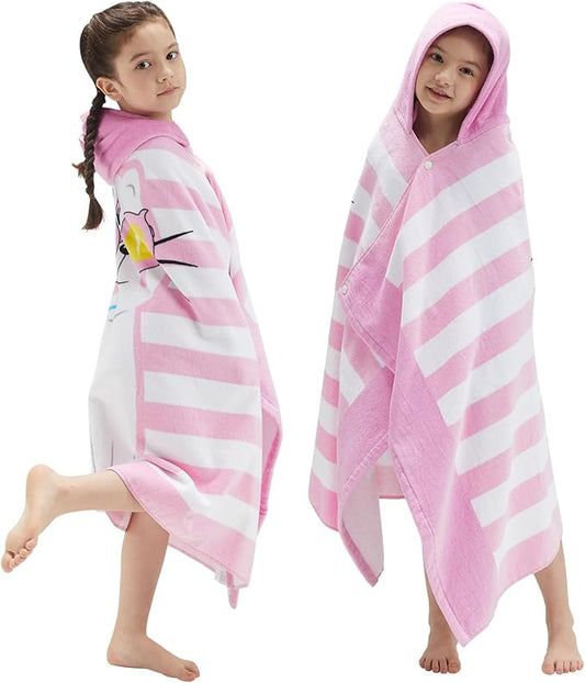 BANGSAUR Kids Hooded Beach Bath Towels, 100% Cotton 50x30 inches Wrap Towel, Toddlers Girls 3-12 Years Coverup Pink Cat