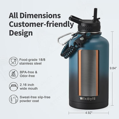 64 oz Insulated Water Bottle with Straw (Cold for 48 Hrs), Half Gallon Stainless Steel Triple Wall Vacuum Sports Water Jug, Leakproof Hydro Cup Flask with Straw Spout Lids & DIY Stickers