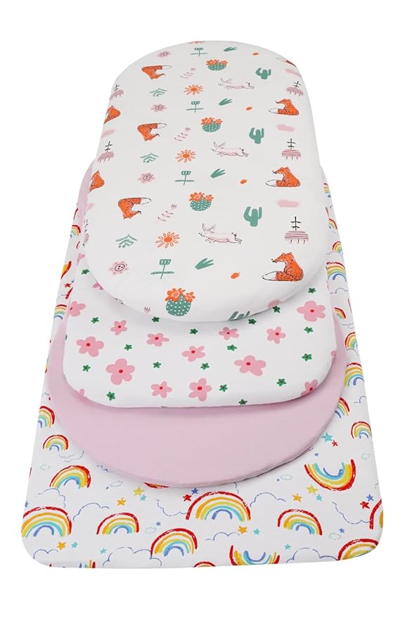 Bassinet Sheets Compatible with Dream On Me Traveler/Skylar/Seashell/Lotus Bassinet, INFANS, Maydolly and Evolur Stellar Bassinet, 2 Pack Fitted Sheets, 100% Jersey Knit Cotton, Floral and Pink