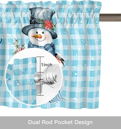 Snowman Christmas Valance Curtains for Kitchen Windows Let It Snow Winter Holiday Rod Pocket Window Treatment Toppers for Kitchen/Living Room/Bedroom/Bathroom, 42" X 18", Blue White Buffalo Plaid