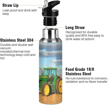 Tractor Stainless Steel Water Bottle with Straw Lid - 20 Oz Sports Insulated Water Bottle Thermos for Sport Gym Outdoor Travel School