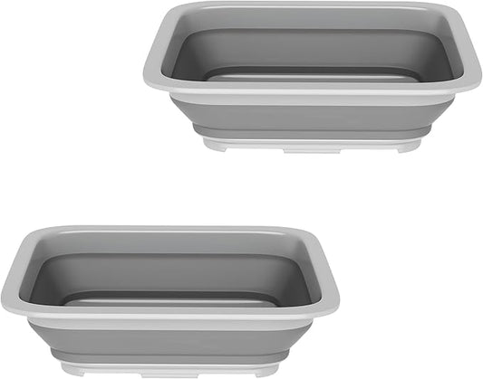 Set of 2 Multipurpose Wash Bins – 10-Liter Basins for Camping, Parties, or Cleaning – Collapsible Bucket Set by Wakeman (Gray)
