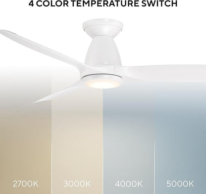 Modern Forms Skylark Indoor and Outdoor 3-Blade 54in Smart Flush Mount Ceiling Fan Matte White with 2700K-3000K-4000K-5000K Selectable LED Light Kit and Remote Control works with iOS or Android App