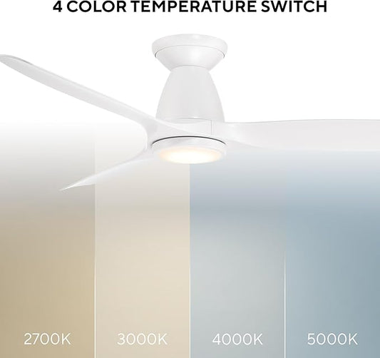 Modern Forms Skylark Indoor and Outdoor 3-Blade 54in Smart Flush Mount Ceiling Fan Matte White with 2700K-3000K-4000K-5000K Selectable LED Light Kit and Remote Control works with iOS or Android App