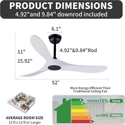 Bigzone 52" Outdoor/Indoor Ceiling Fan With Remote Control, DC Motor Quiet Energy Saving,3 White Balsa Wood Blades,Wood Ceiling Fan With Reversible Blades