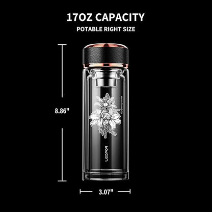 Tea Infuser Bottle - BPA Free Double Wall Glass Travel Tea Mug With Stainless Steel Filter - Leakproof Tea Tumbler with Strainer for Loose Leaf Tea and Fruit Water 17 oz Lily