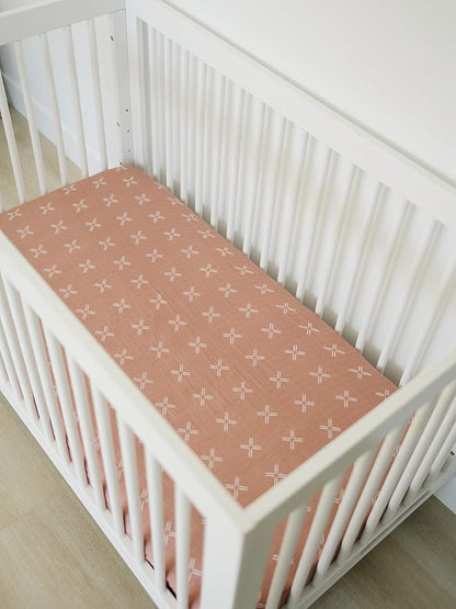 Just Peachy Muslin Crib Sheet by Mebie Baby, Soft and Breathable Bed Sheets for Babies, Modern Neutral Bedding for Cribs, Standard Crib Mattress Fitted Sheet, Great for Boy or Girl Room or Nursery