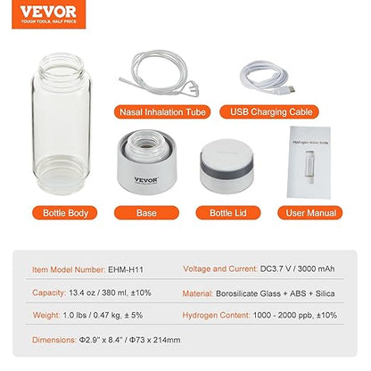 VEVOR Hydrogen Water Bottle, Hydrogen Water Bottle Generator up to 2000 ppb, 380ml Portable Hydrogen Water Machine, SPE Technology hydrogen water generator with Nasal Inhalation Tube and Self-Cleaning
