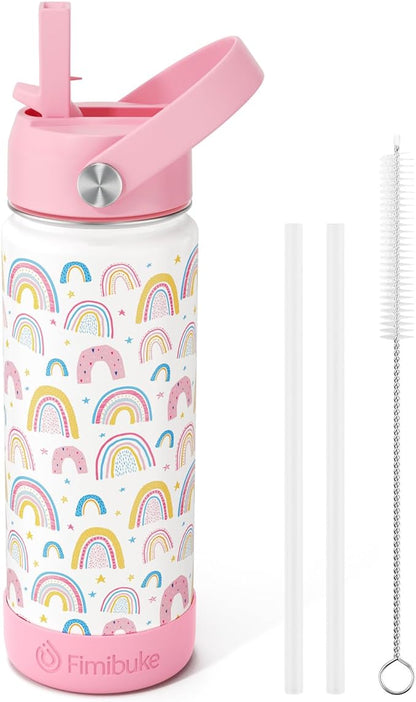 Fimibuke Kids Insulated Water Bottle - 18oz BPA-FREE 18/8 Stainless Steel Kids Cup with Straw Travel Tumbler Double Wall Vacuum Leak Proof Toddler Water Bottle for School Boys Girls(1 Pack, Rainbow)