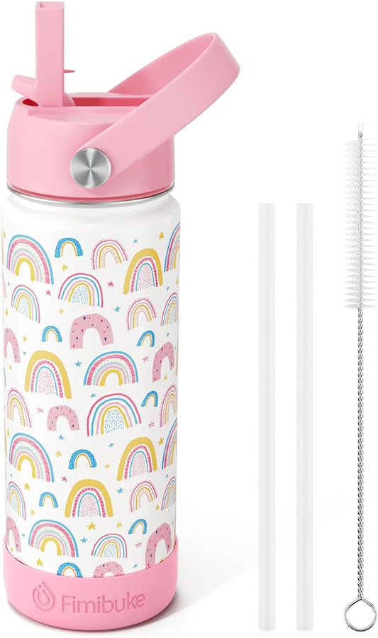 Fimibuke Kids Insulated Water Bottle - 18oz BPA-FREE 18/8 Stainless Steel Kids Cup with Straw Travel Tumbler Double Wall Vacuum Leak Proof Toddler Water Bottle for School Boys Girls(1 Pack, Rainbow)