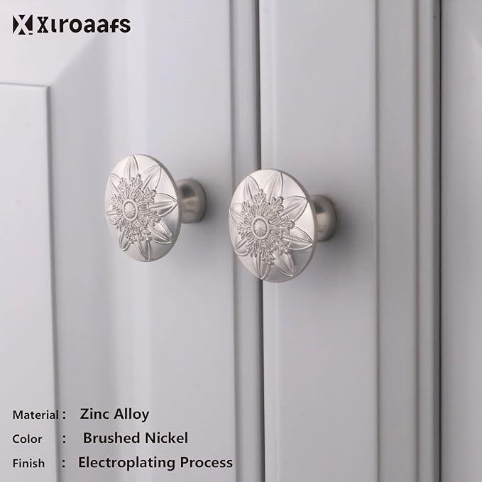 Cabinet Knobs, 10 Pack Brushed Nickel Zinc Alloy, 1-2/5'' Round Knobs for Cabinets and Drawers, Flower Drawer Knobs Dresser Knobs,Included Screws