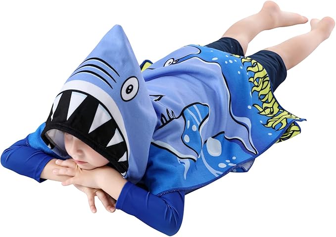 Soft Hooded Beach Towel for Kids, Toddlers Bath/Pool/Swim Poncho Cover-ups Swimwear (BLUE SHARK)