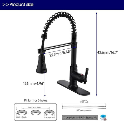 Black Kitchen Faucet with Pull Down Sprayer Stainless Steel Single Handle Pull Out Spring Sink Faucets 1 Hole Or 3 Triple function campers, RVs, laundry rooms, and kitchen countertops or bar counter.
