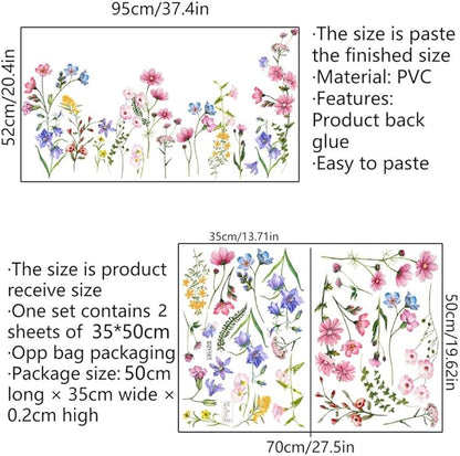 Flower Wall Decals Vinyl Colorful Vines Wall Stickers Peel and Stick Green Plants Leaves Wall Decor Removable Floral Wall Murals for Nursery Girls Bedroom Living Room Kitchen Classroom