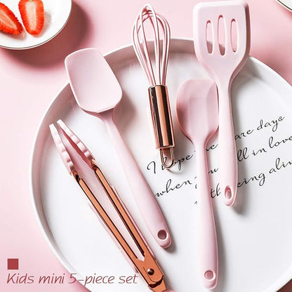 Rose Gold and Pink Kitchen Utensil Small Five-Piece Set Mini Silicone Kids Kitchen Tools Whisk Spatula Tongs Spoon and Slotted Spatula(Kids Baking Supplies)