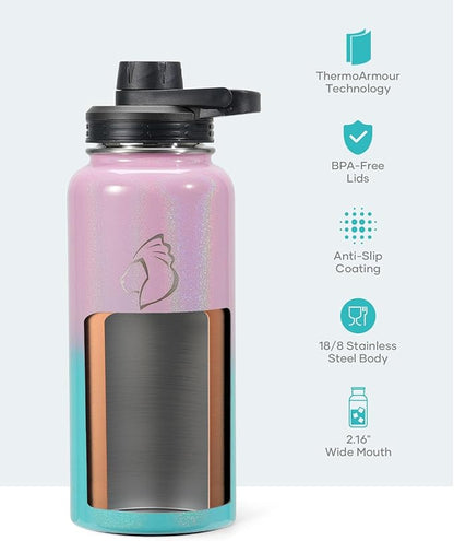 BUZIO Water Bottle with Straw lid, Spout Lid, Hand Lid and Carrying Pouch, 32oz 40oz 64oz Stainless Steel Water Flask Jug, Cold for 48 Hrs Hot for 24 Hrs Double Vacuum Thermo Canteen Mug, BPA-Free