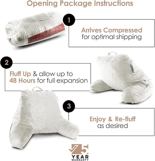 Nestl Reading Pillow Standard Bed Pillow, Back Pillow for Sitting in Bed Shredded Memory Foam Chair Pillow, Reading & Bed Rest Pillows White Back Pillow for Bed, Bed Chair Arm Pillow with Pockets