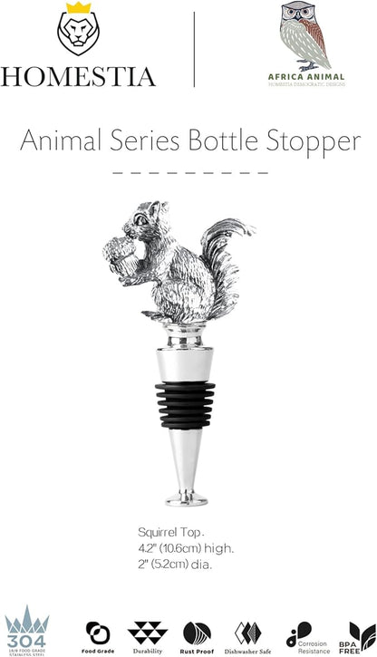 Homestia Wine Bottle Stoppers for Glass Bottles, Squirrel Bottle Stopper Reusable Wine Corks Black Wine Tool, Zinc-Alloy Silicone Wine Stoppers, Wine Toppers with Decors