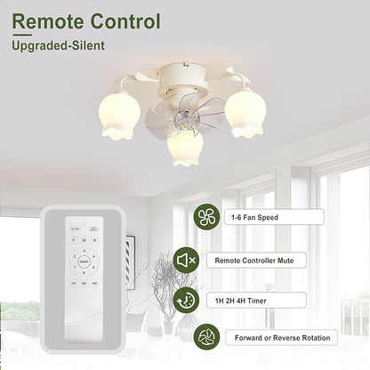 Flower Ceiling Fan with Light: White Flower Fan Lights for Girls Bedroom - Flush Mount Fandelier for Living Room - 3-Light Modern Chandelier with Fan for Home Decor Enthusiasts