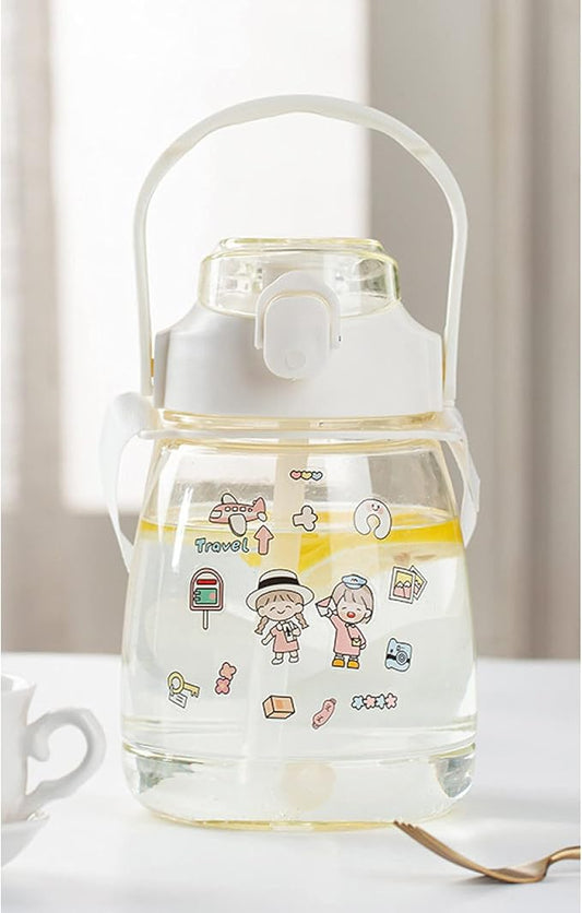 PEXIZUAN Kawaii water bottle big belly cup big water bottle cute travel cup strap straw cup(Handle white,1300ML)