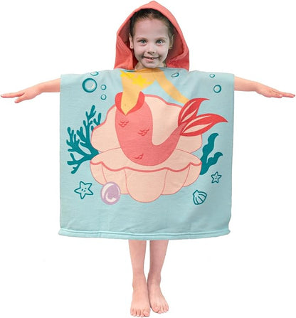 Hooded Kids Beach Towels - Toddler Bath Towel Girls Boys Swim Cover-ups for Ages 1 to 6 Kids Pool Towels Quick Dry Lightweight Soft Microfiber Poncho Towel 24x23 (Mermaid Seashell)