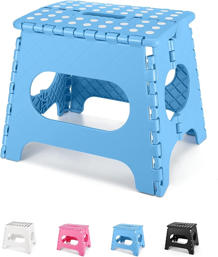Folding Step Stool 11", Durable Kids Step Stool, Heavy Duty Step Stools for Adults, Compact Foot Stools, Light-Weight Toddler Step Stool for Kitchen, Bathroom, Holds Up to 300 lbs (Blue)