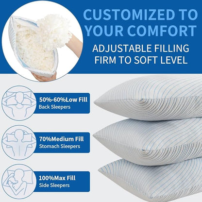 Shredded Memory Foam Pillows King Size Set of 2, Cooling Pillows for Sleeping That Stay Cold, Adjustable Firm Pillow for Side Back Stomach Sleepers with Washable Removable Cover