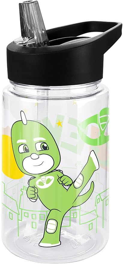LOGOVISION PJ Masks Kids Tritan Plastic Water Bottle with Straw Lid and Handle, Reusable Tumbler for Toddlers, Unisex for Girls and Boys, 12oz, Big Gekko