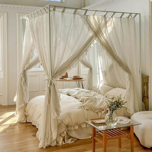 Mengersi Linen Canopy Bed Curtains,Bed Canopy Curtains 4 Corner Bed Drapes Sheer Curtains for Bedroom Decor (Ivory, Queen)