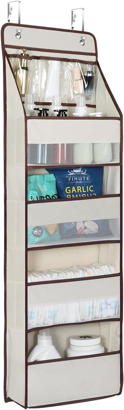 Univivi Door Hanging Organizer Nursery Closet Cabinet Baby Storage with 4 Large Pockets and 3 Small PVC Pockets for Cosmetics, Toys and Sundries (Beige)