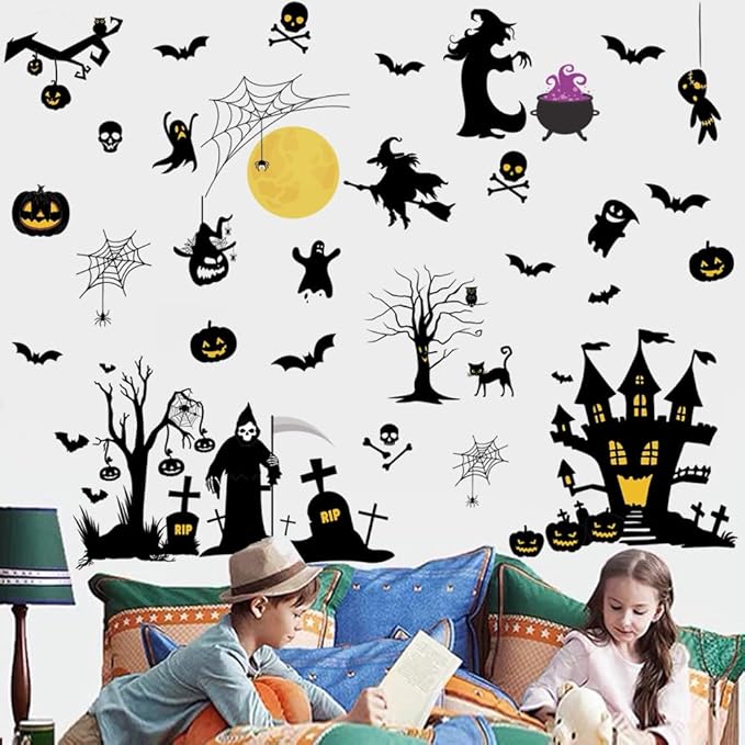 Halloween Witch Wall Decals Halloween Moon Bat Wall Stickers Happy Halloween Wall Decor Peel and Stick Vinyl Bat Ghost Spider Pumpkin Wall Art for Halloween Party Supplies.