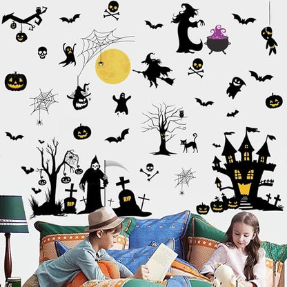 Halloween Witch Wall Decals Halloween Moon Bat Wall Stickers Happy Halloween Wall Decor Peel and Stick Vinyl Bat Ghost Spider Pumpkin Wall Art for Halloween Party Supplies.