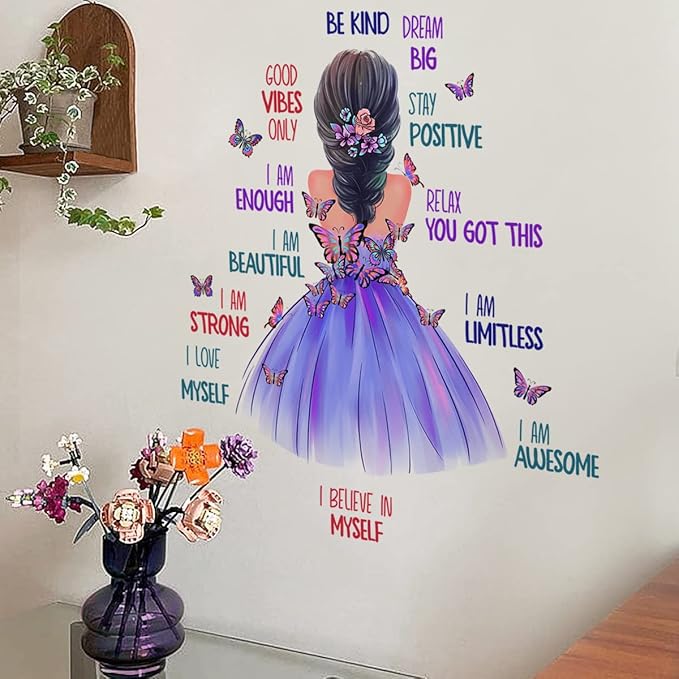 Butterfly Girl Inspirational Wall Stickers, Motivational Lettering Quotes Butterfly Wall Decals Removable Vinyl Peel and Stick for Woman Kids Baby Nursery Bedroom Toddler Room Art Decoration