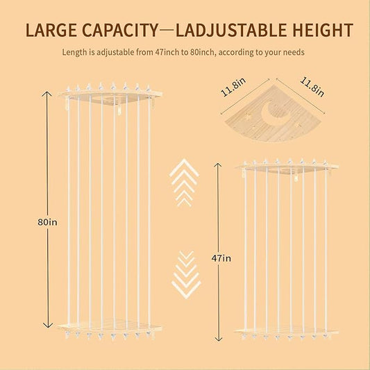 Corner Stuffed Animal Storage Wood Plush Toys Hanging Organizer Length Adjustable Stuffed Animal Holder with Moon Star Pattern Kids Toy Shelf Large Toy Storage for Nursery Playroom Bedroom Furniture