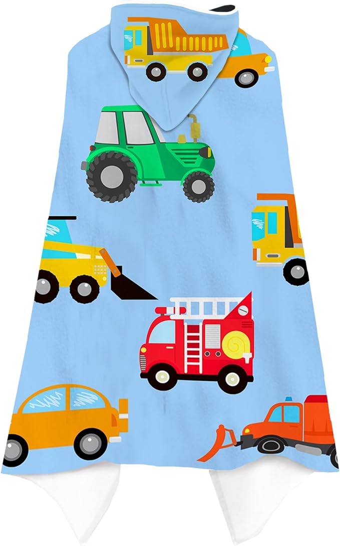 Blue Car Hooded Beach Towel for Kids, Cute Bath Towel with Hood, Boy Microfiber Super Absorbent Soft Poncho Bathrobe for Swin Pool 30”x50”