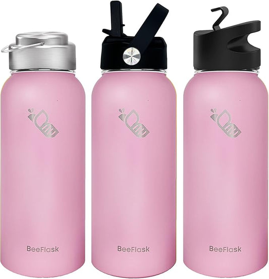 Sports Water Bottle - 32 Oz, 3 Lids (With straw), 50 Cute Stickers, Vacuum Insulated, 308 Stainless Steel, with a Portion of Sales Supporting Bee Conservation Efforts (Baby Pink)