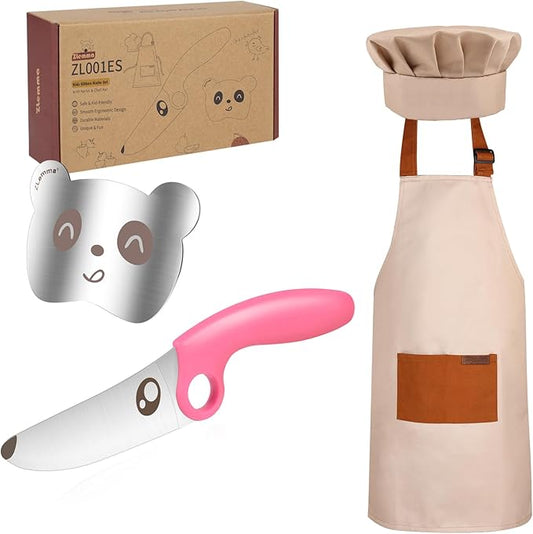 Kids Knife Set for Real Cooking with Educational Ring & Children Apron & Chef Hat- Children Training Knife Set-Pink