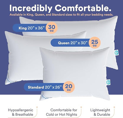 Continental Bedding Medium King Set of 2 100% White Down Pillows 30 Ounce 550FP Hotel Down Pillows for Supporting Back Side and Stomach Sleepers