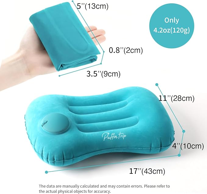 Ultralight Inflatable Travel Pillow Press to Inflate Compressible Ergonomic Neck and Lumbar Support While Camping Driving Sleeping Dark Blue