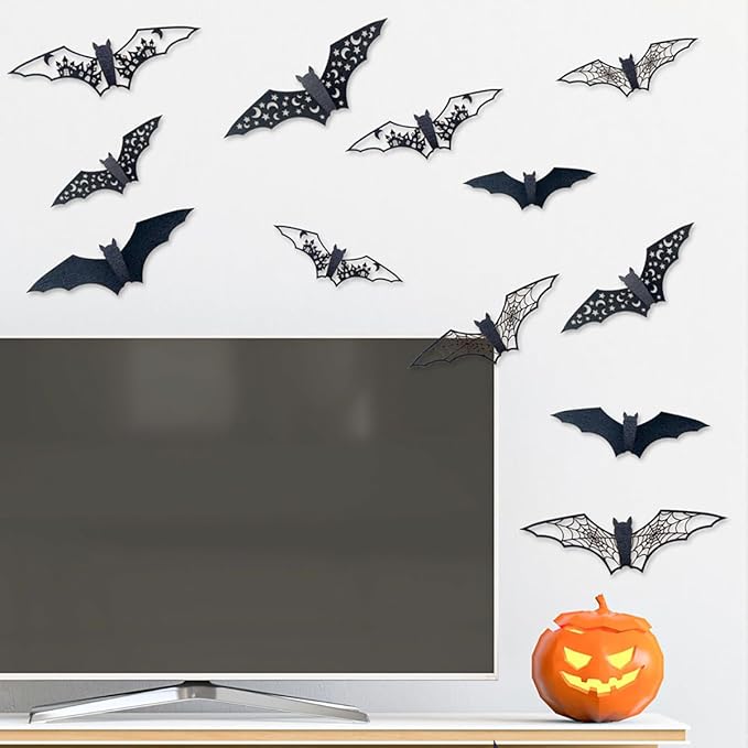 Halloween Wall Stickers Decorations Large Bat Wall Decals Supply Hollow Out Bats Decor Scary Bat Stickers for Wall Glass Mirror Living Room Home Kitchen Indoor Outdoor Halloween Decoration Clearance